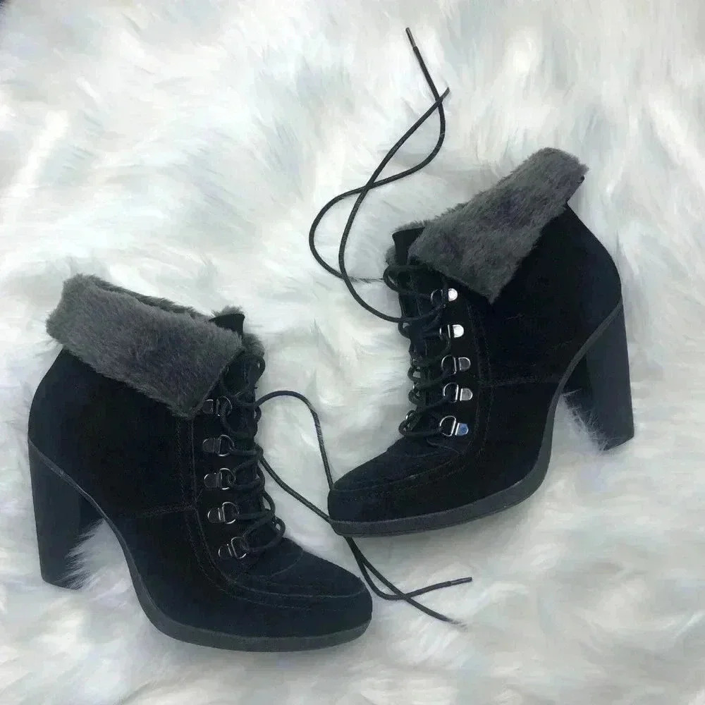 Bjorndal Falan Womens Size 8 Black Suede Heels Boots With Faux Fur Accent 124355